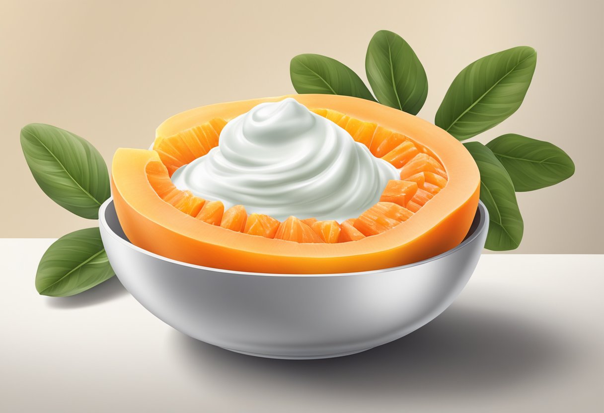 A bowl of yogurt and papaya mixed together, with a softening mask being applied to a surface
