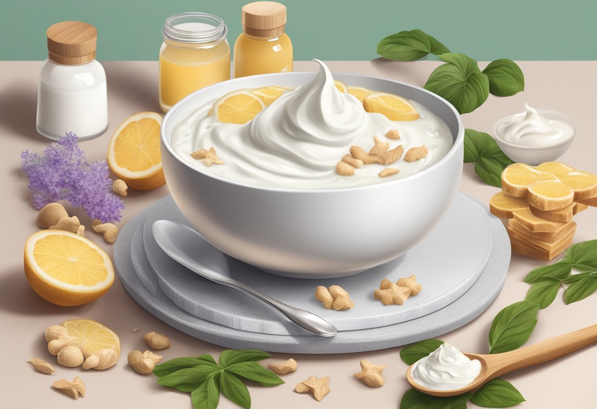 A bowl of yogurt mixed with ginger, surrounded by skincare ingredients and a recipe book