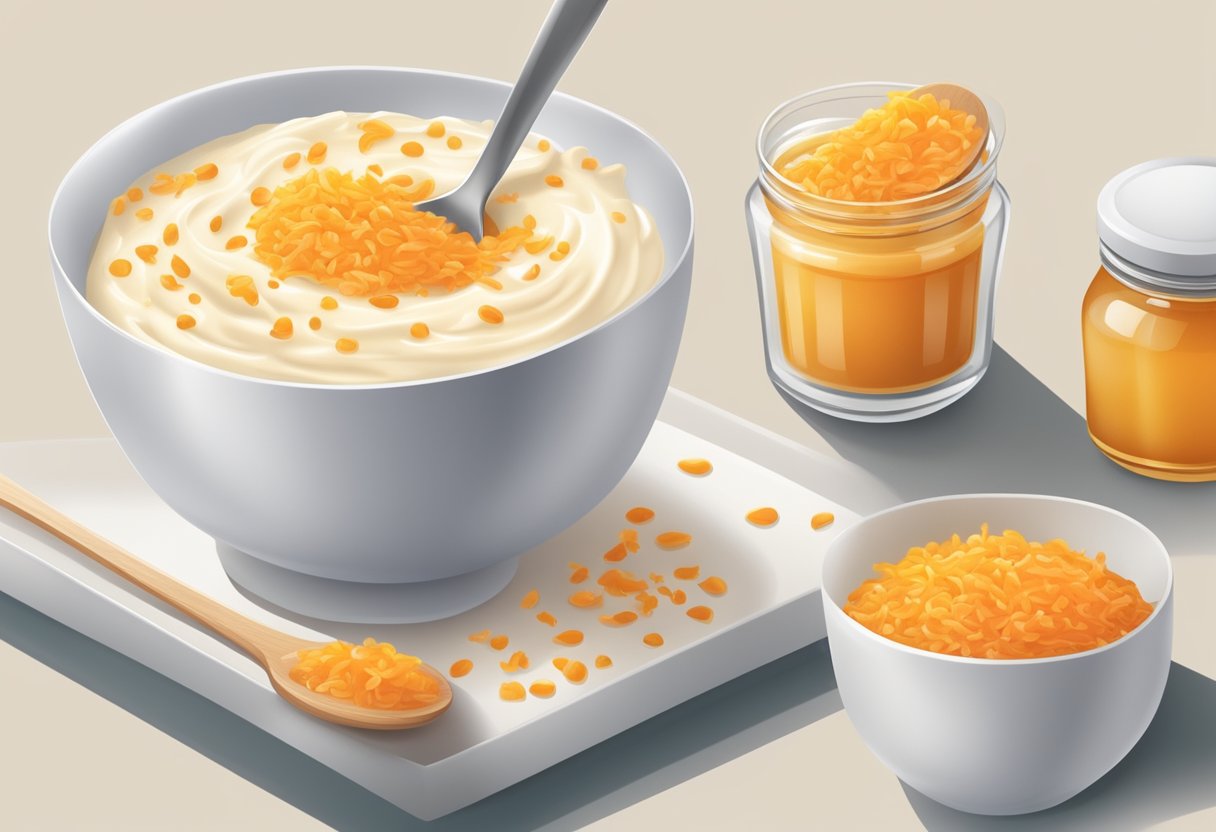 A bowl of yogurt and grated carrot mixed together in a creamy mask texture, with a spoon and a small container of honey nearby