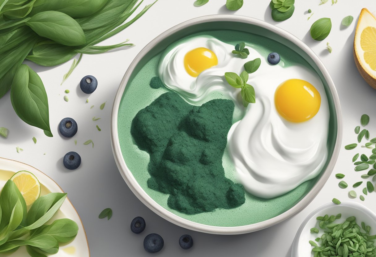 A bowl of yogurt mixed with spirulina sits on a clean, white table, surrounded by fresh ingredients and a recipe book