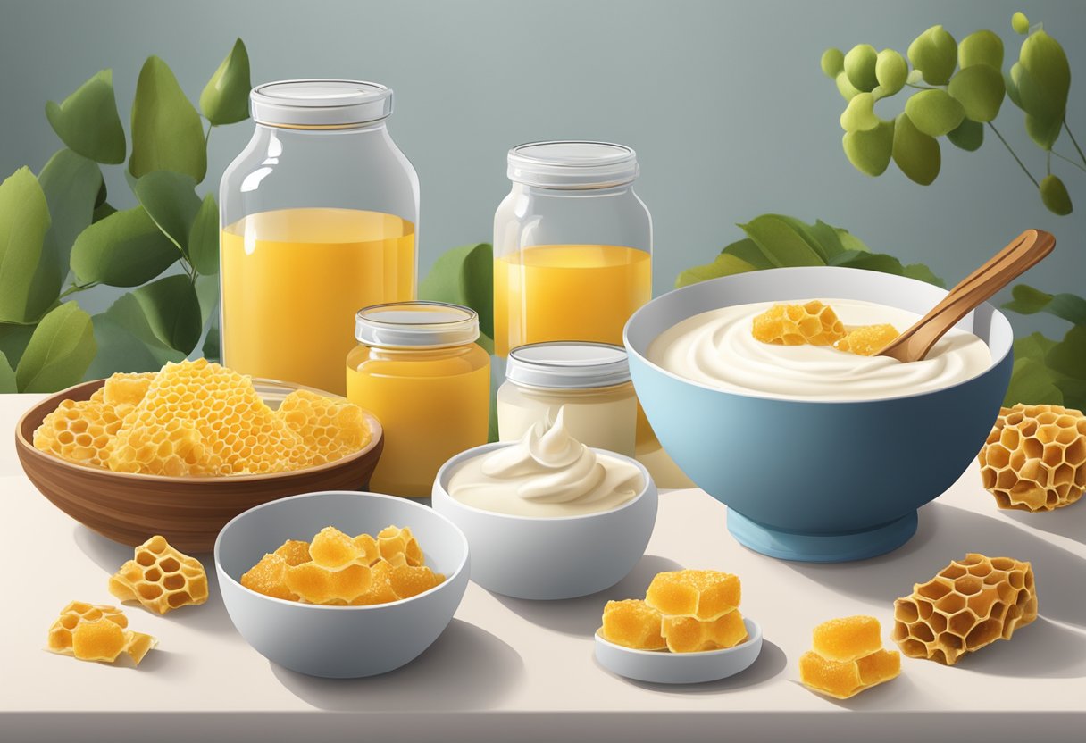 A bowl of yogurt and honeycomb sits on a table, surrounded by jars of natural ingredients