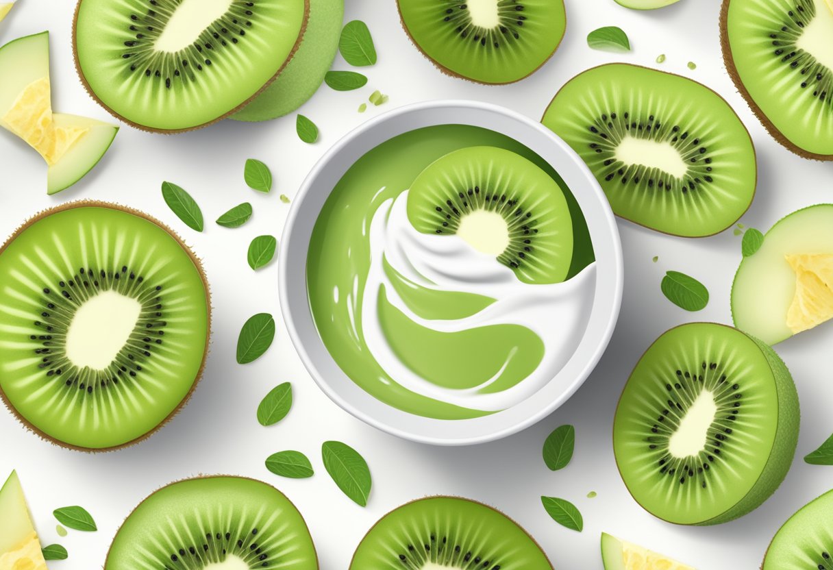 A bowl of yogurt and sliced kiwi sit on a clean, white countertop. The ingredients are ready to be mixed together for a homemade skincare recipe