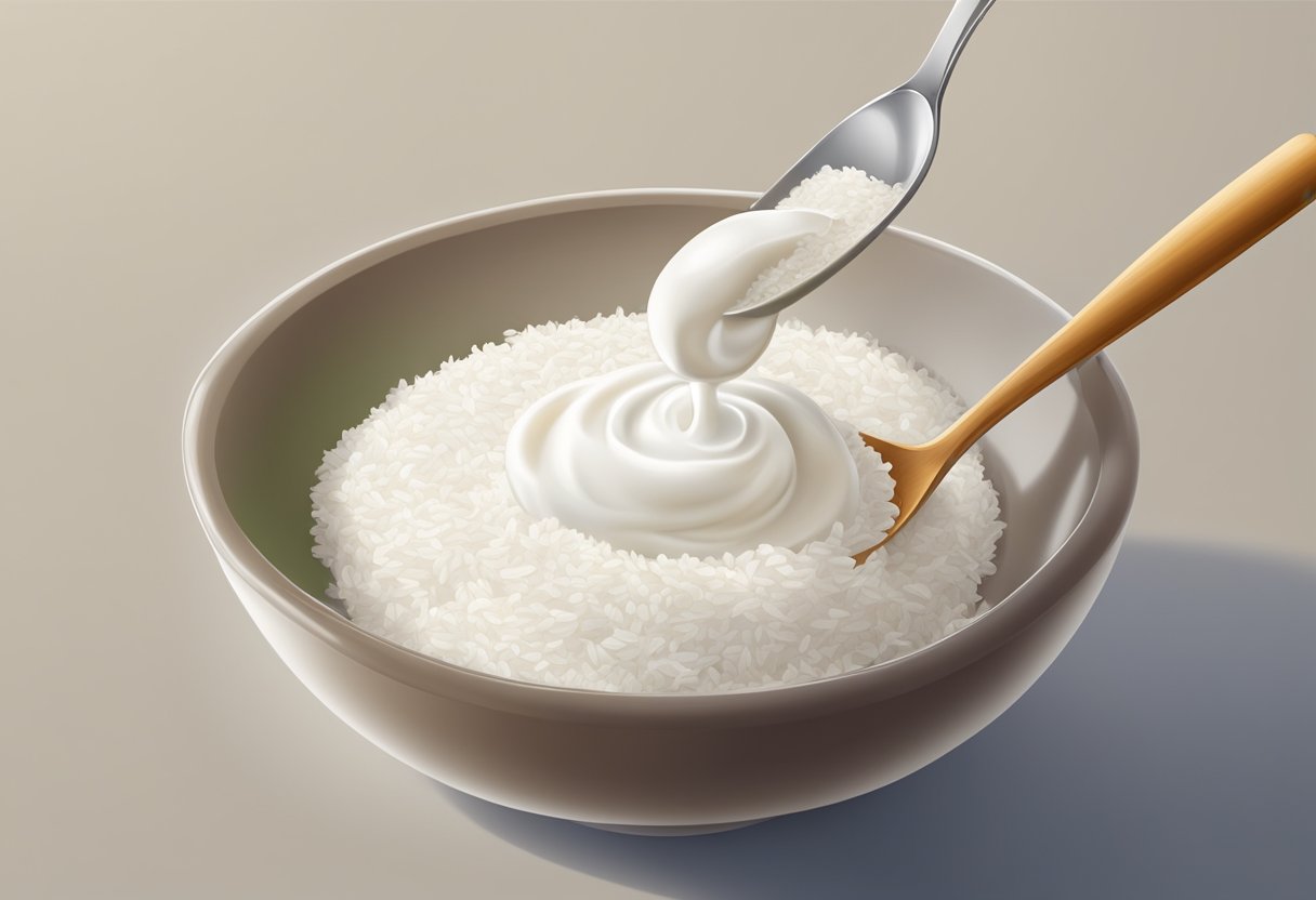A bowl of yogurt and rice flour mixed together, with a spoon and measuring cup nearby
