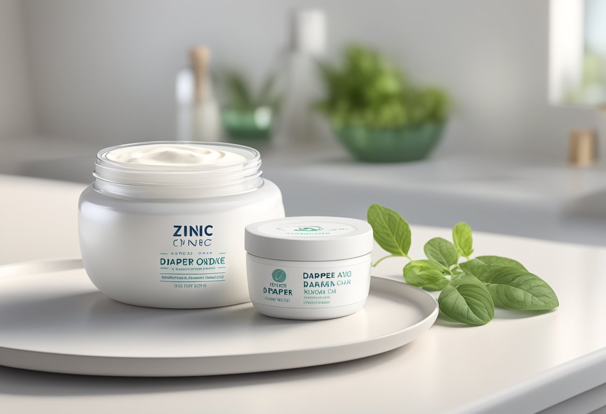 A jar of zinc oxide diaper rash cream sits next to a bowl of yogurt on a clean, white countertop. Ingredients for homemade skincare products are neatly arranged around them