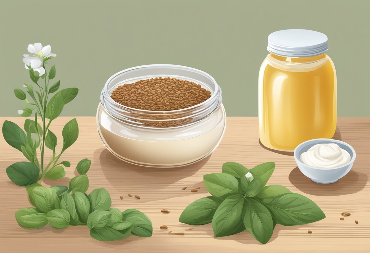 A jar of flaxseed gel next to a bowl of yogurt, surrounded by ingredients for homemade skincare