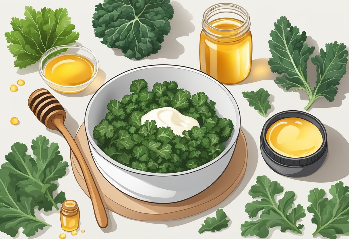 A bowl of yogurt and kale face mask ingredients mixed together on a clean white surface, surrounded by fresh kale leaves and a small jar of honey
