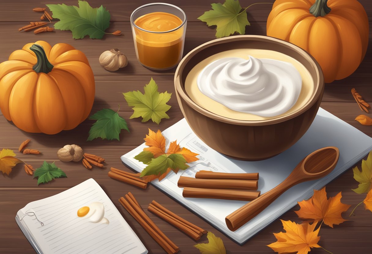 A bowl of yogurt mixed with pumpkin spice sits on a wooden table, surrounded by ingredients and a recipe book