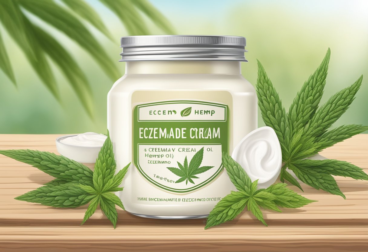 A small jar of homemade eczema cream sits on a wooden table, surrounded by ingredients like yogurt and hemp seed oil. The cream is smooth and creamy, with a label that reads "Yogurt and Hemp Seed Oil Eczema Cream."