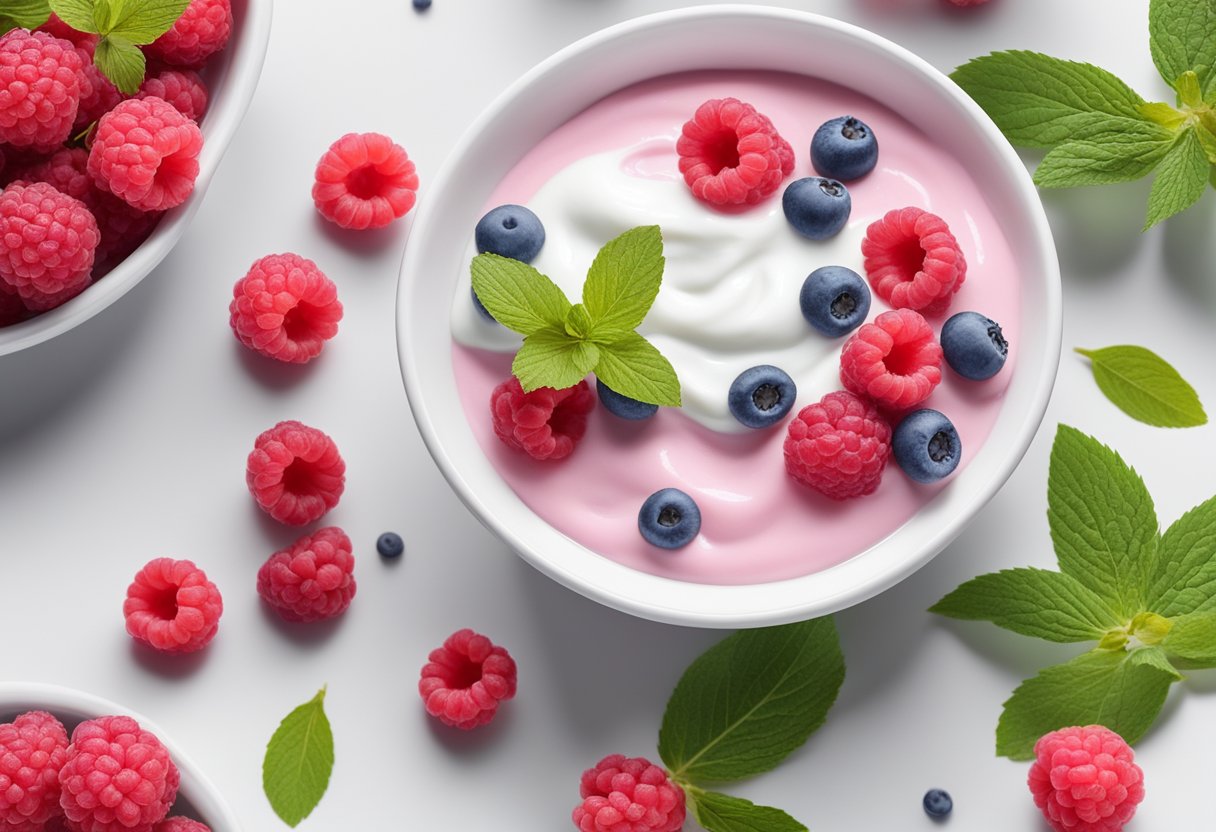 A bowl of yogurt mixed with raspberries, surrounded by fresh fruit and skincare ingredients on a clean, white countertop