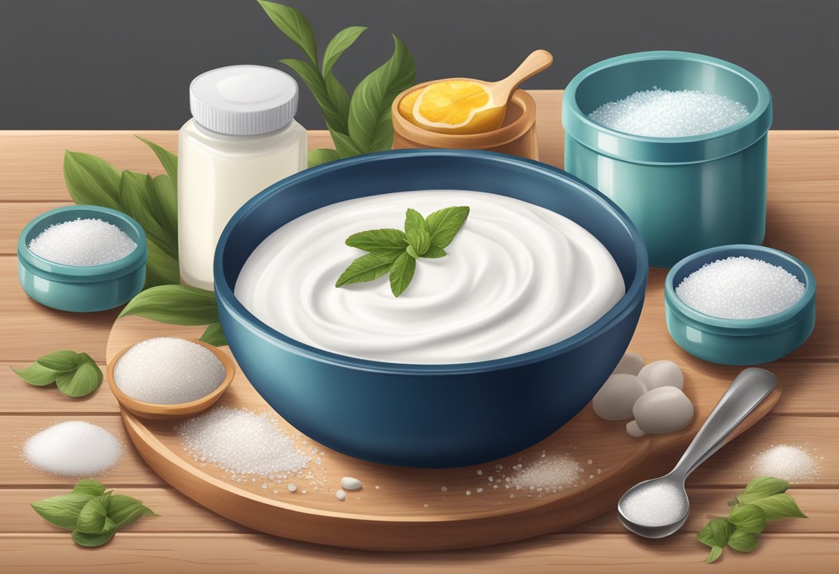 A bowl of creamy yogurt mixed with sea salt sits on a wooden surface, surrounded by various skincare ingredients
