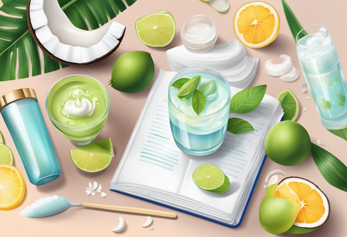A glass of yogurt and coconut water drink surrounded by skincare ingredients and recipe book