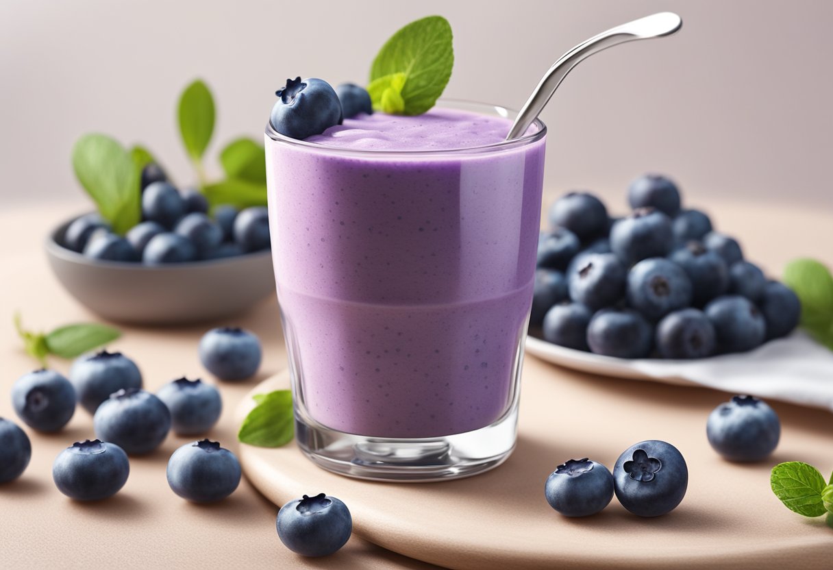 A glass filled with a creamy yogurt and blueberry smoothie, surrounded by fresh blueberries and a spoon