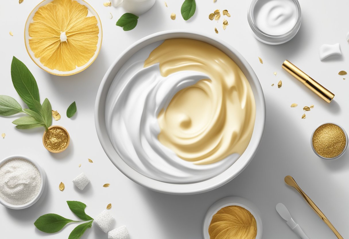 A small bowl filled with a creamy yogurt and gold leaf mixture sits on a clean, white countertop surrounded by various skincare ingredients and tools