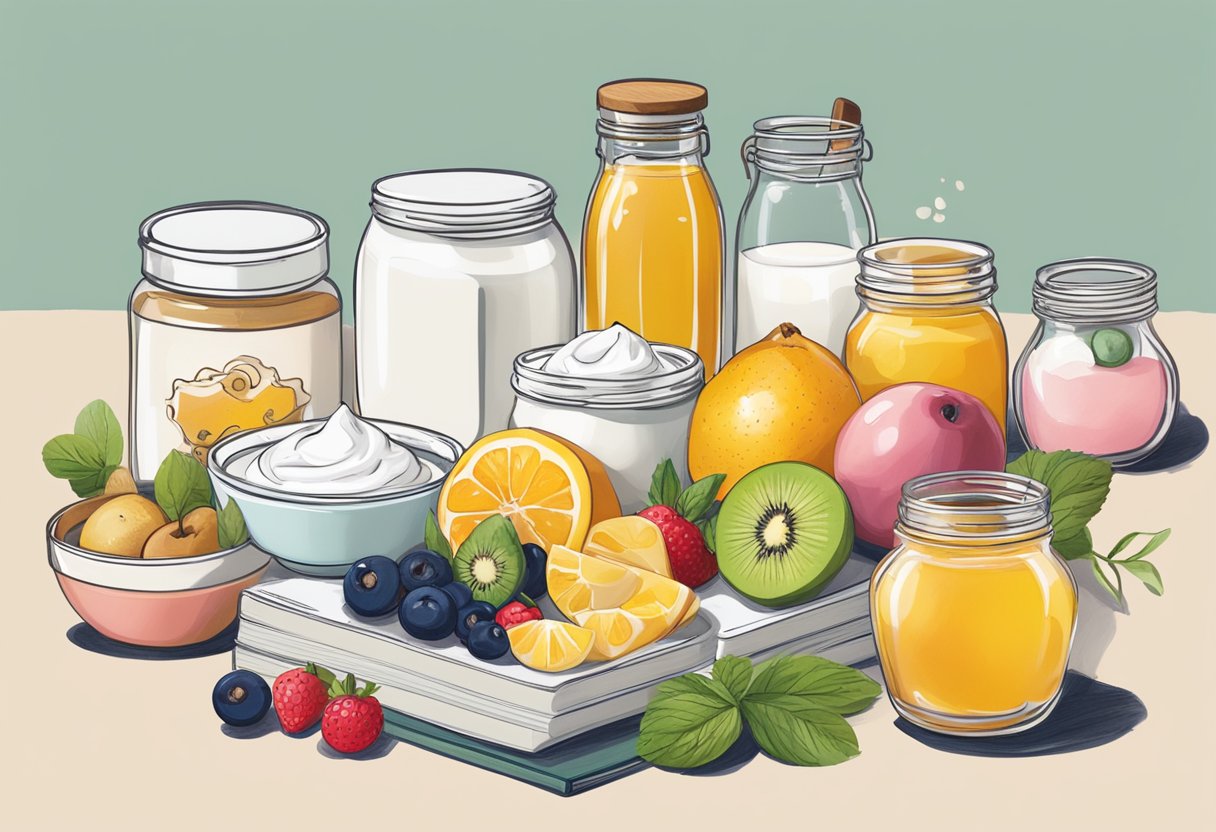 A table filled with various ingredients like yogurt, honey, and fruits. A notebook with "46 Best DIY Homemade Skincare Recipes with Yogurt" written on it