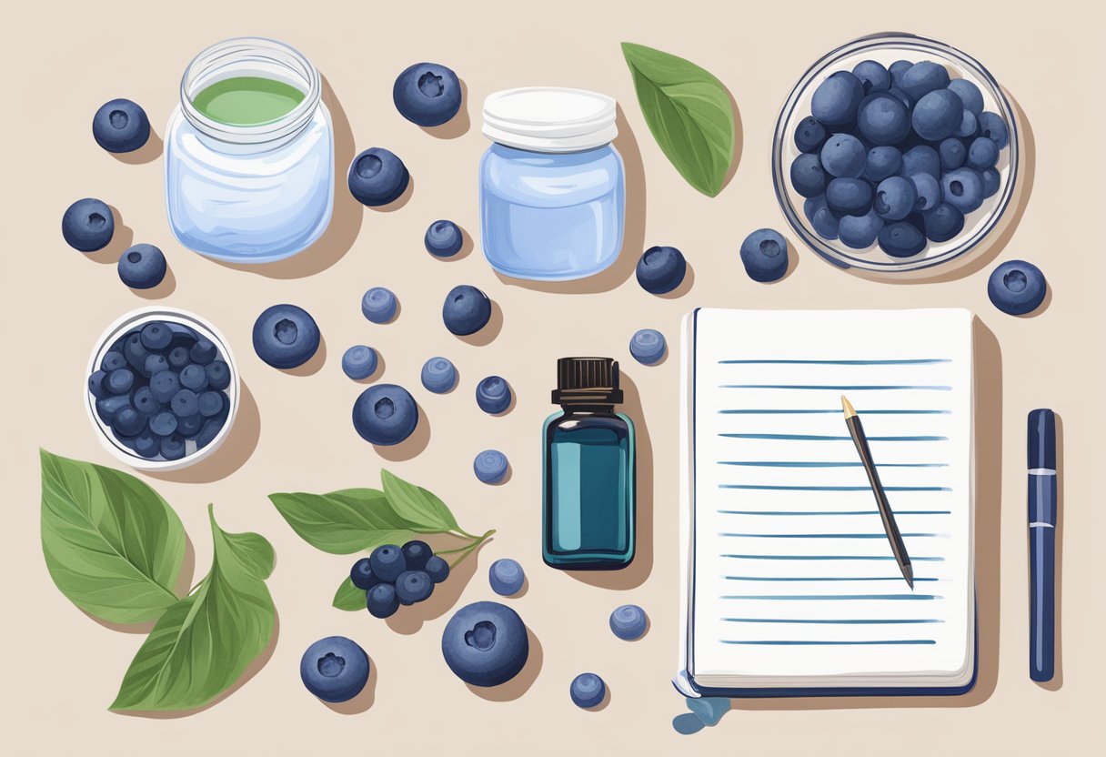 A table filled with fresh blueberries, essential oils, and jars of homemade skincare products. A notebook with handwritten recipes sits nearby