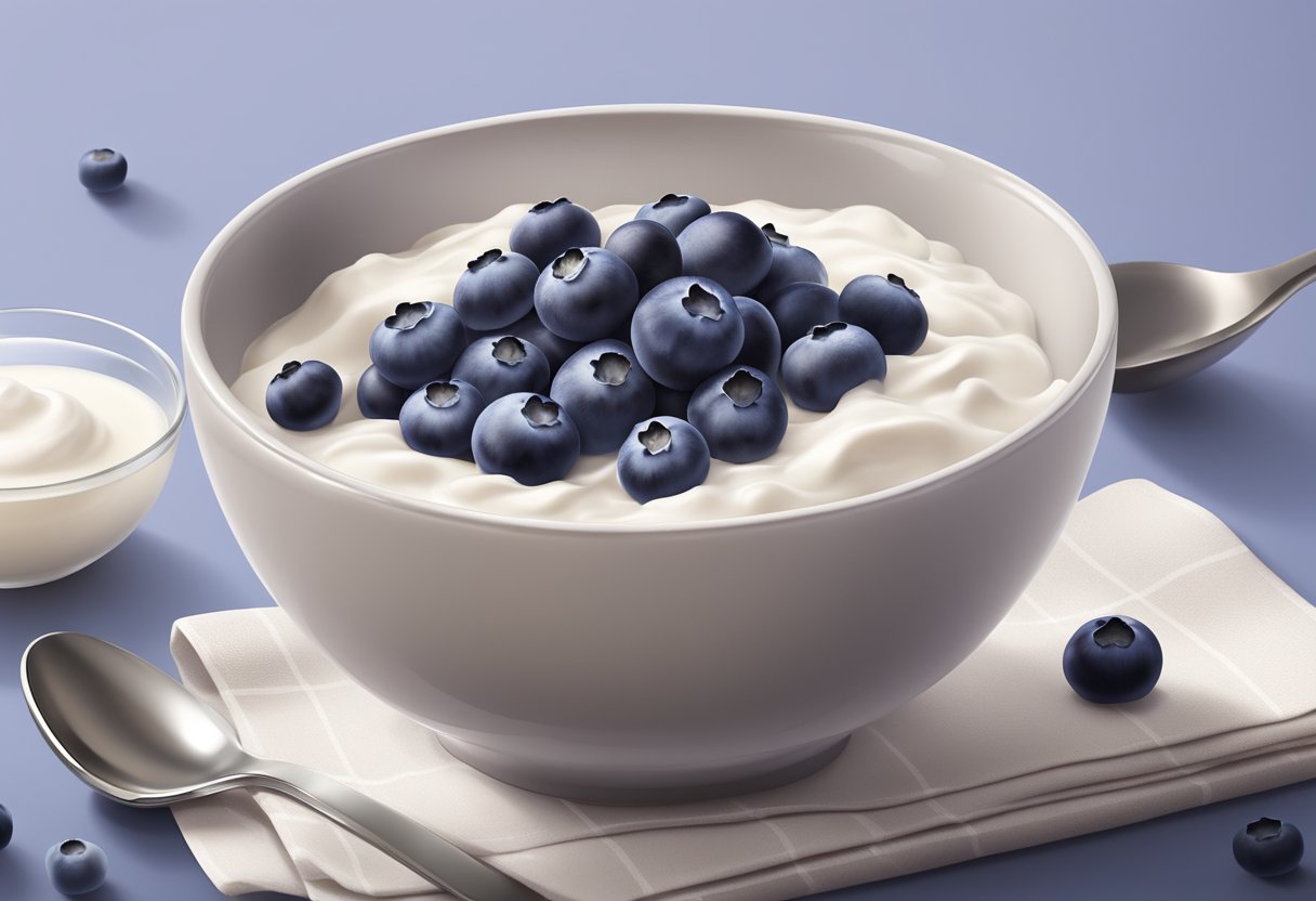 A small bowl filled with mashed blueberries and yogurt, surrounded by fresh blueberries and a spoon