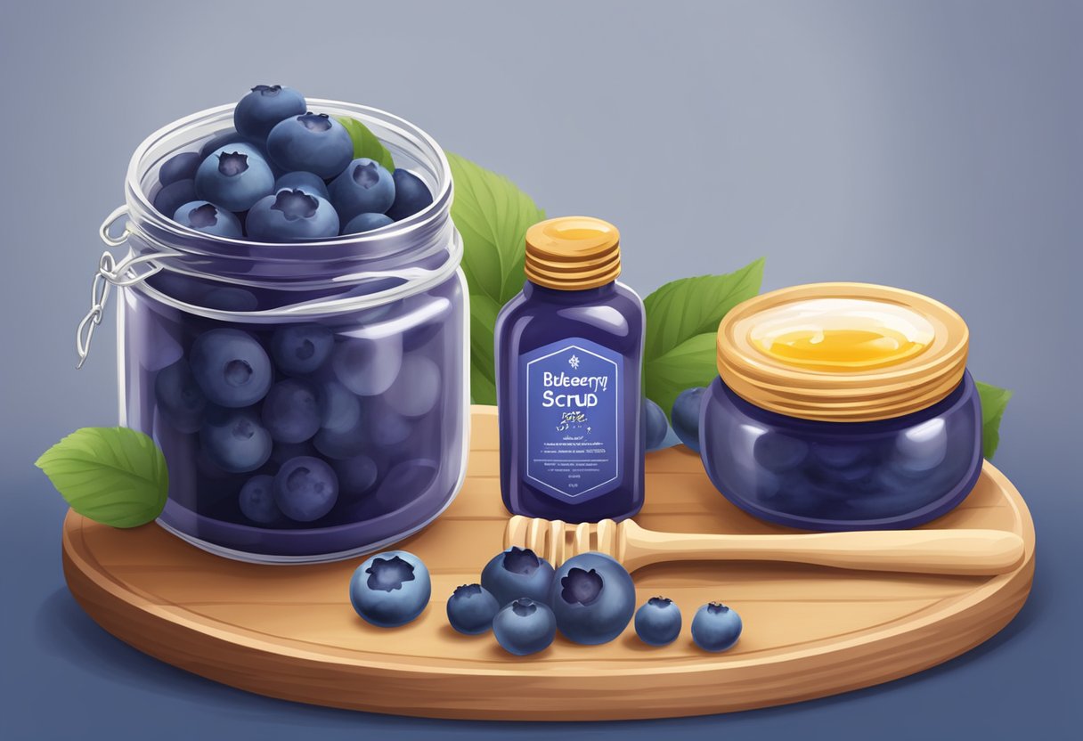 A jar of blueberry and honey face scrub sits on a wooden table, surrounded by fresh blueberries and a jar of honey