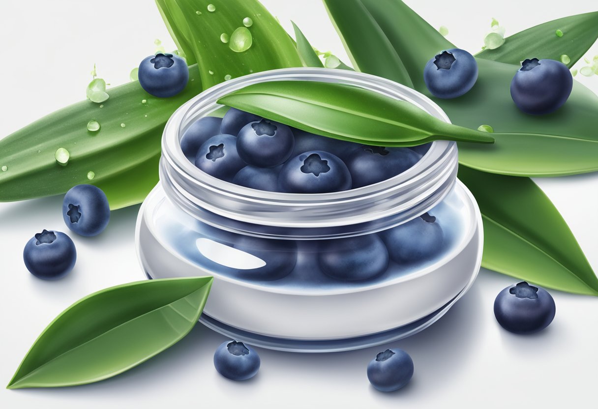 A jar of blueberry and aloe vera soothing gel surrounded by fresh blueberries and aloe vera leaves on a clean white surface