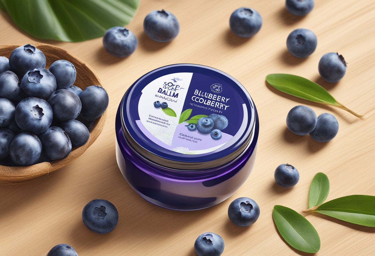 A jar of blueberry and coconut oil balm sits on a wooden table, surrounded by fresh blueberries and coconuts. The balm glistens in the soft sunlight, exuding a sense of natural hydration and nourishment