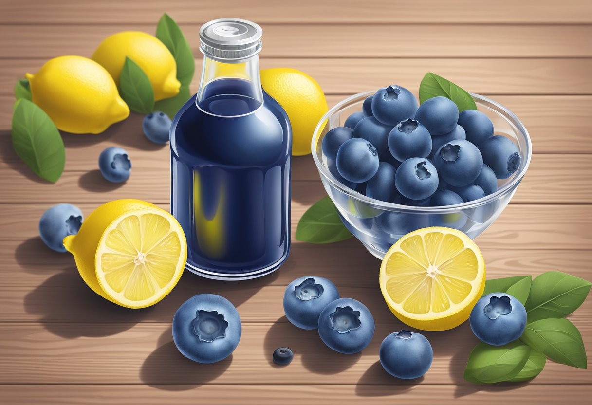 A glass bottle filled with blueberry and lemon juice tonic sits on a wooden tabletop, surrounded by fresh blueberries and lemons