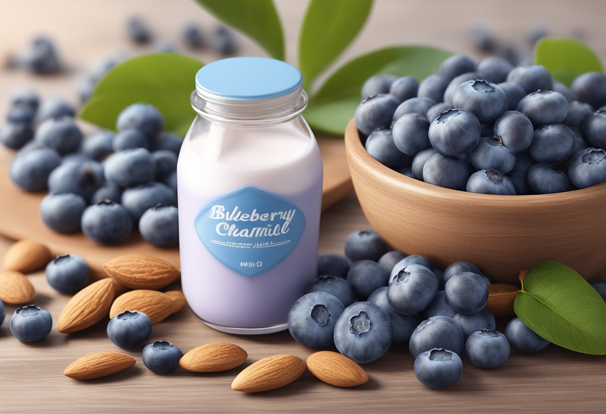 A glass bottle of blueberry and almond milk moisturizing cleanser surrounded by fresh blueberries and almonds on a wooden surface
