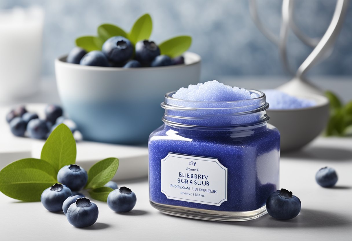 A jar of blueberry and sugar lip scrub sits on a clean, white countertop surrounded by fresh blueberries and sugar crystals