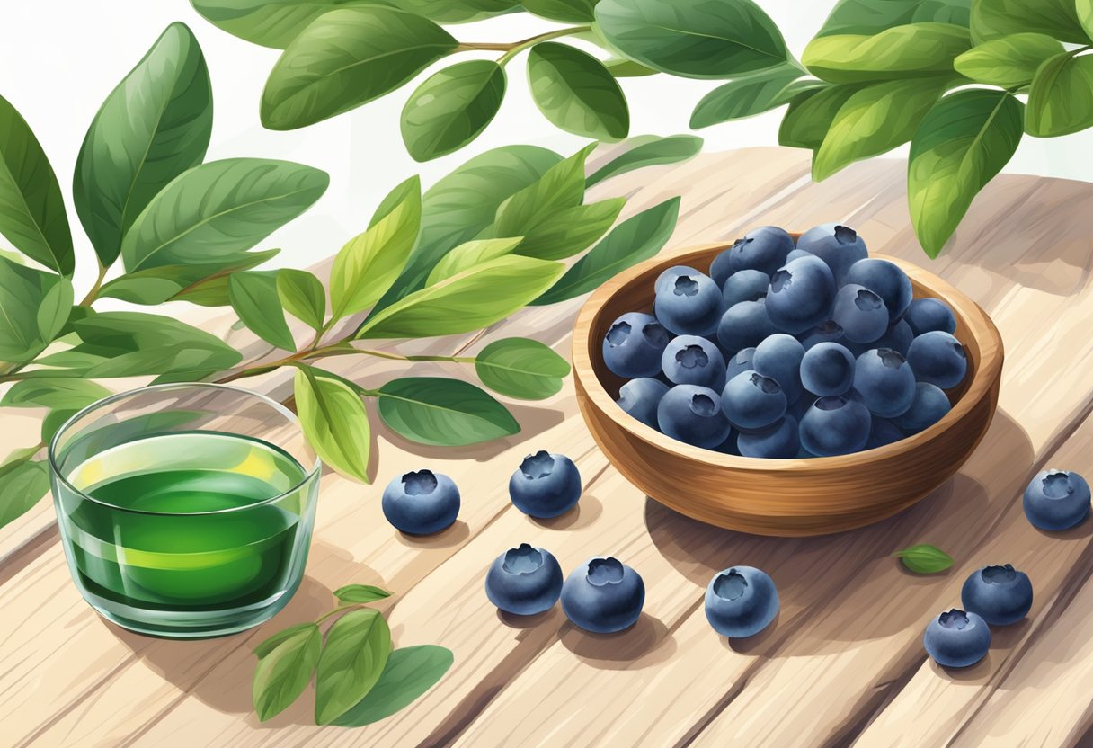 A small bowl of blueberries and a bottle of tea tree oil sit on a wooden table, surrounded by fresh blueberry plants and leaves