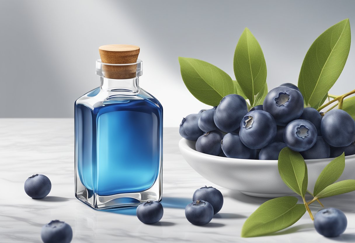 A clear glass bottle with a dropper filled with blue liquid sits on a white marble countertop, surrounded by fresh blueberries and jojoba oil