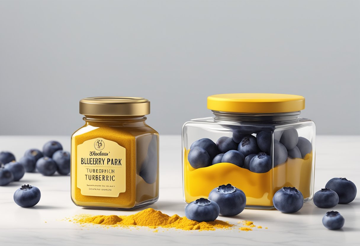 A small jar of blueberry and turmeric paste sits on a clean, white countertop, surrounded by fresh blueberries and a vibrant yellow turmeric root
