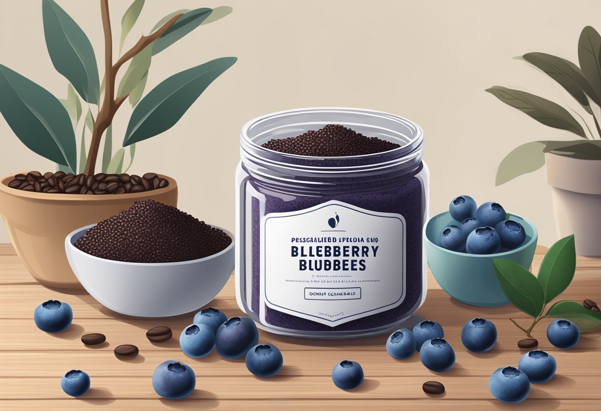 A jar of blueberry and coffee grounds body scrub sits on a wooden table surrounded by fresh blueberries and coffee beans