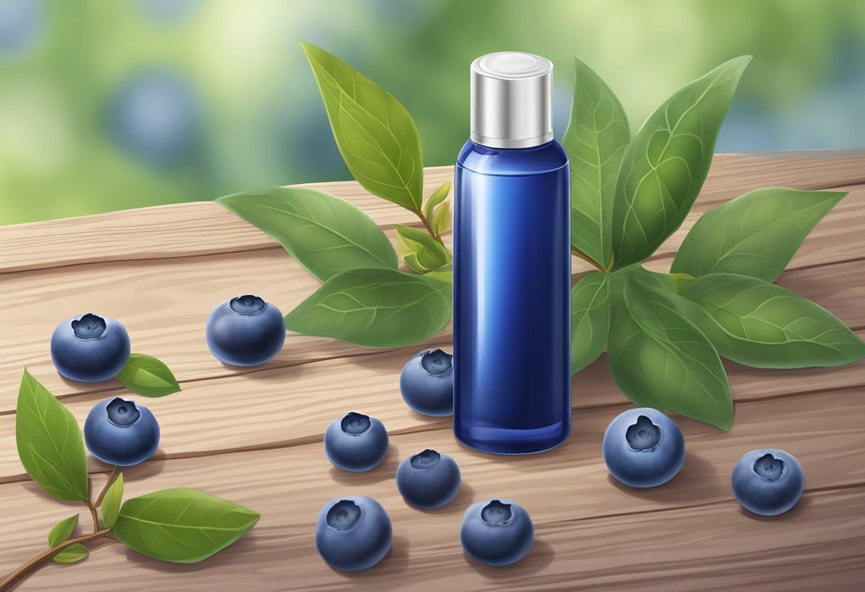 A bottle of Blueberry and Witch Hazel Pore Minimizing Toner surrounded by fresh blueberries and witch hazel leaves on a wooden table