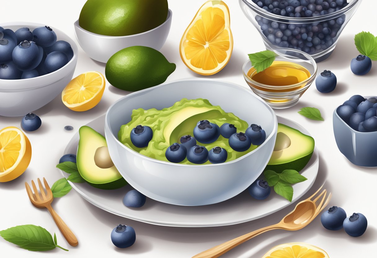 A bowl filled with mashed blueberries and avocados, surrounded by fresh fruit and a jar of honey