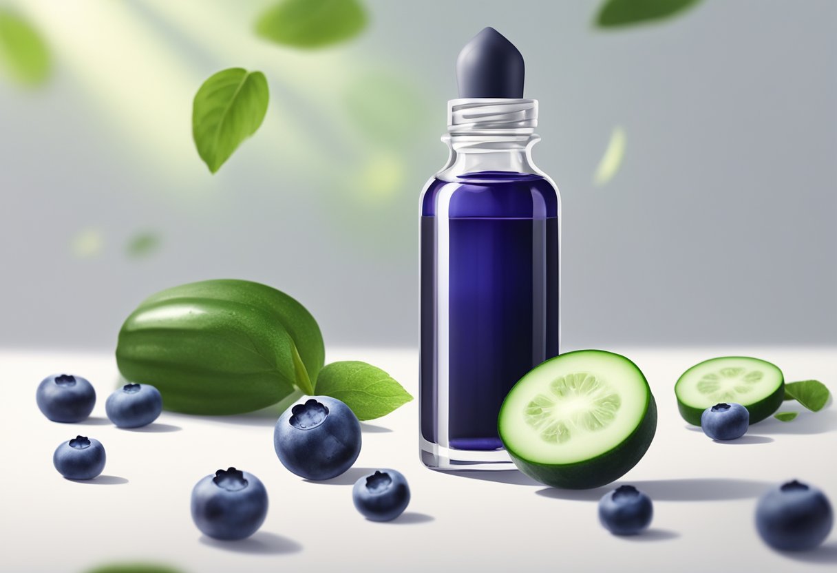 A clear glass dropper bottle filled with blueberry and cucumber serum on a clean, white surface with fresh blueberries and cucumber slices scattered around