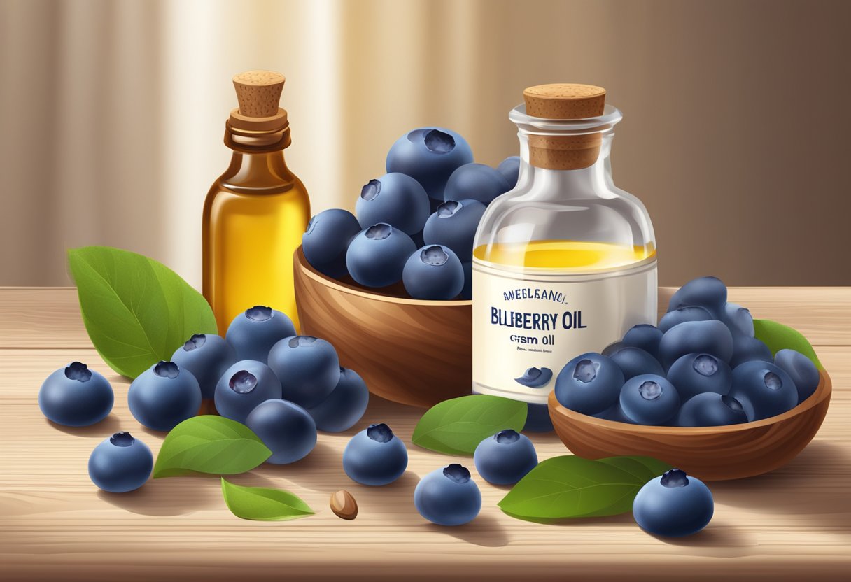 A jar of blueberry and argan oil cream surrounded by fresh blueberries and a bottle of argan oil on a wooden table
