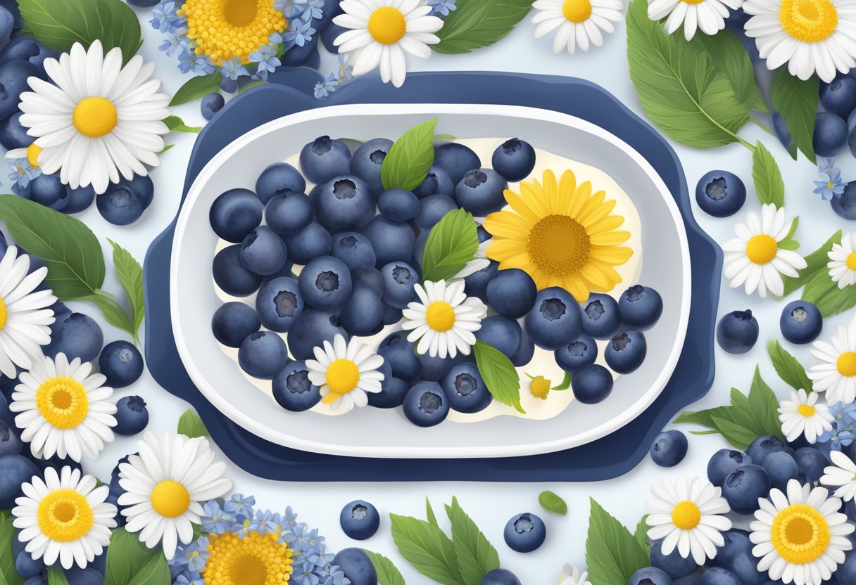 A ceramic tub filled with blueberry and chamomile bath soak, surrounded by fresh blueberries and chamomile flowers