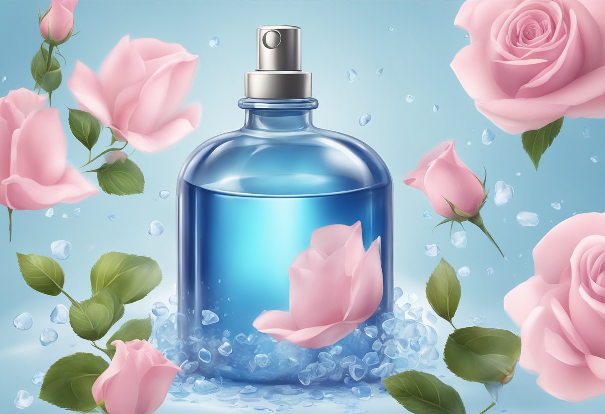 A clear glass bottle sprays a mist of blue liquid with rose petals floating inside