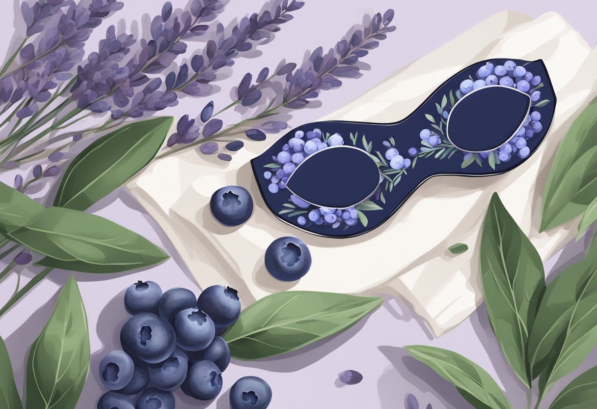 A serene scene with a blueberry and lavender sleep mask surrounded by fresh blueberries and lavender sprigs