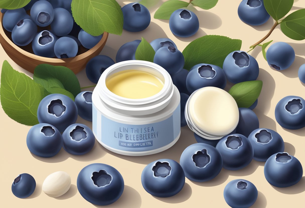 A small jar of blueberry and shea butter lip balm surrounded by fresh blueberries and shea nuts, with a soft, natural light illuminating the scene
