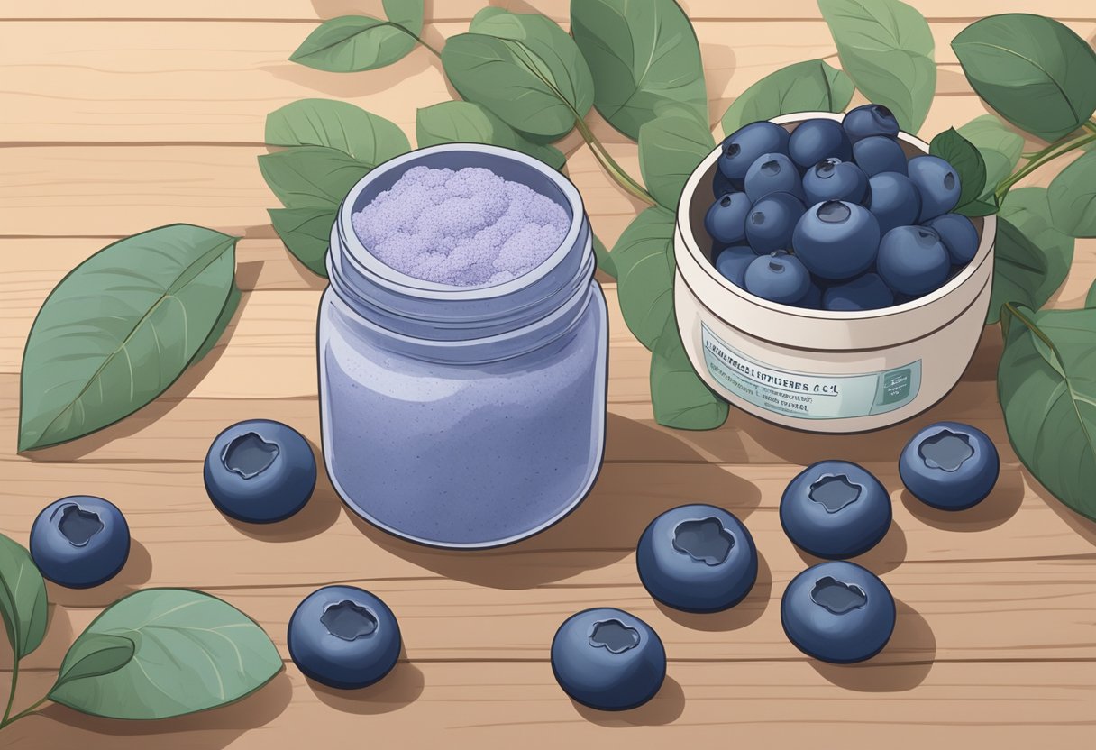 A bowl of blueberry and bentonite clay face mask sits on a wooden table, surrounded by fresh blueberries and a jar of clay powder