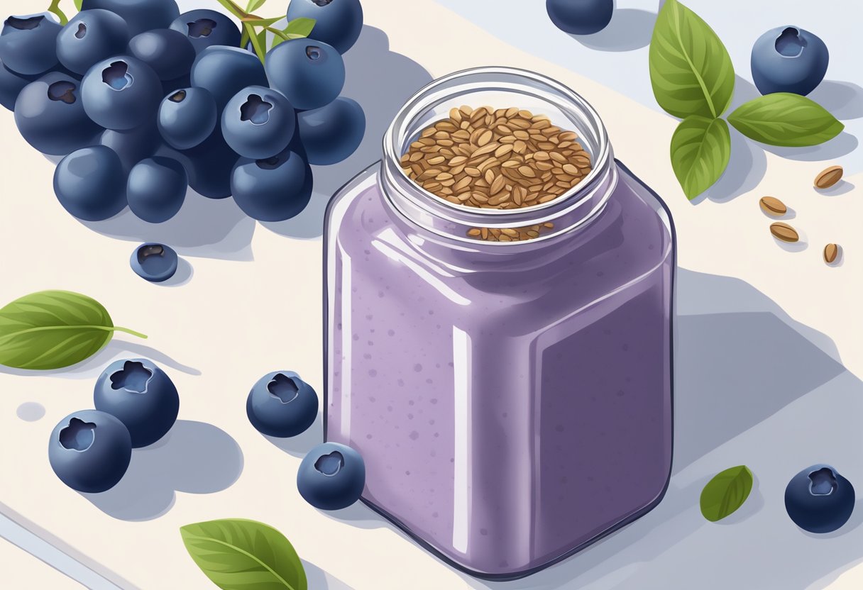 A glass jar filled with a thick, creamy blueberry and flaxseed smoothie mask sits on a marble countertop, surrounded by fresh blueberries and flaxseeds