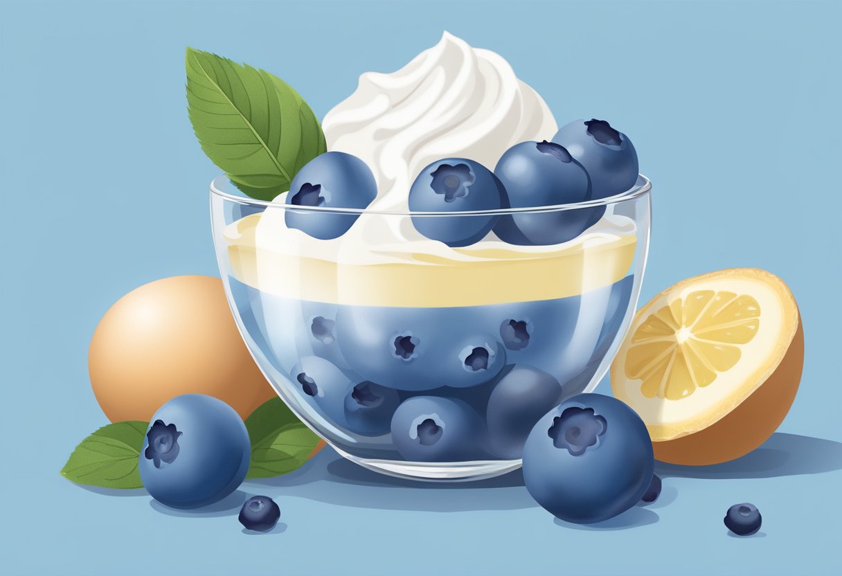 A blueberry and egg white mask sits in a glass bowl, surrounded by fresh blueberries and a whisk. The mask is smooth and creamy, with a light blue hue
