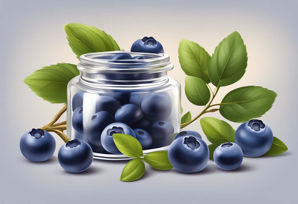 A small glass jar filled with a creamy blueberry and olive oil hair treatment, surrounded by fresh blueberries and a sprig of olive leaves