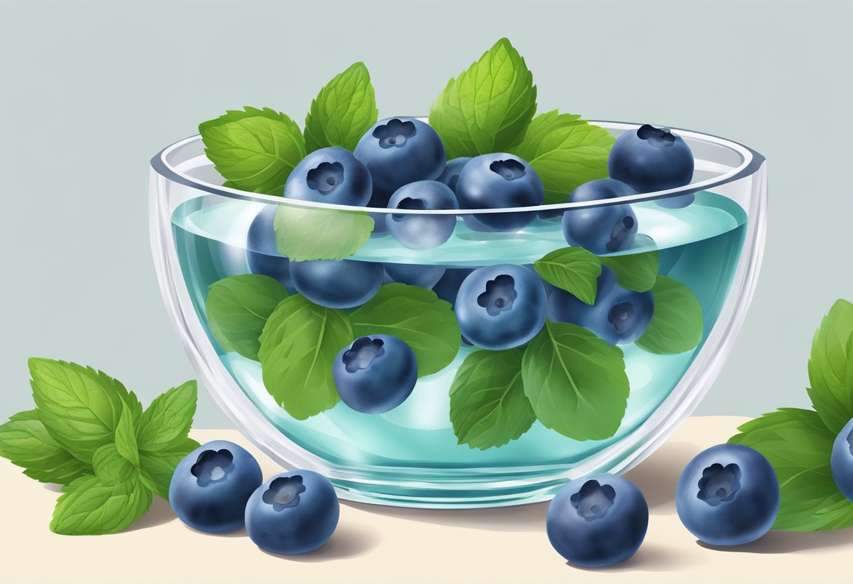 A clear glass bowl filled with blueberry and mint-infused water, with fresh blueberries and mint leaves floating on the surface
