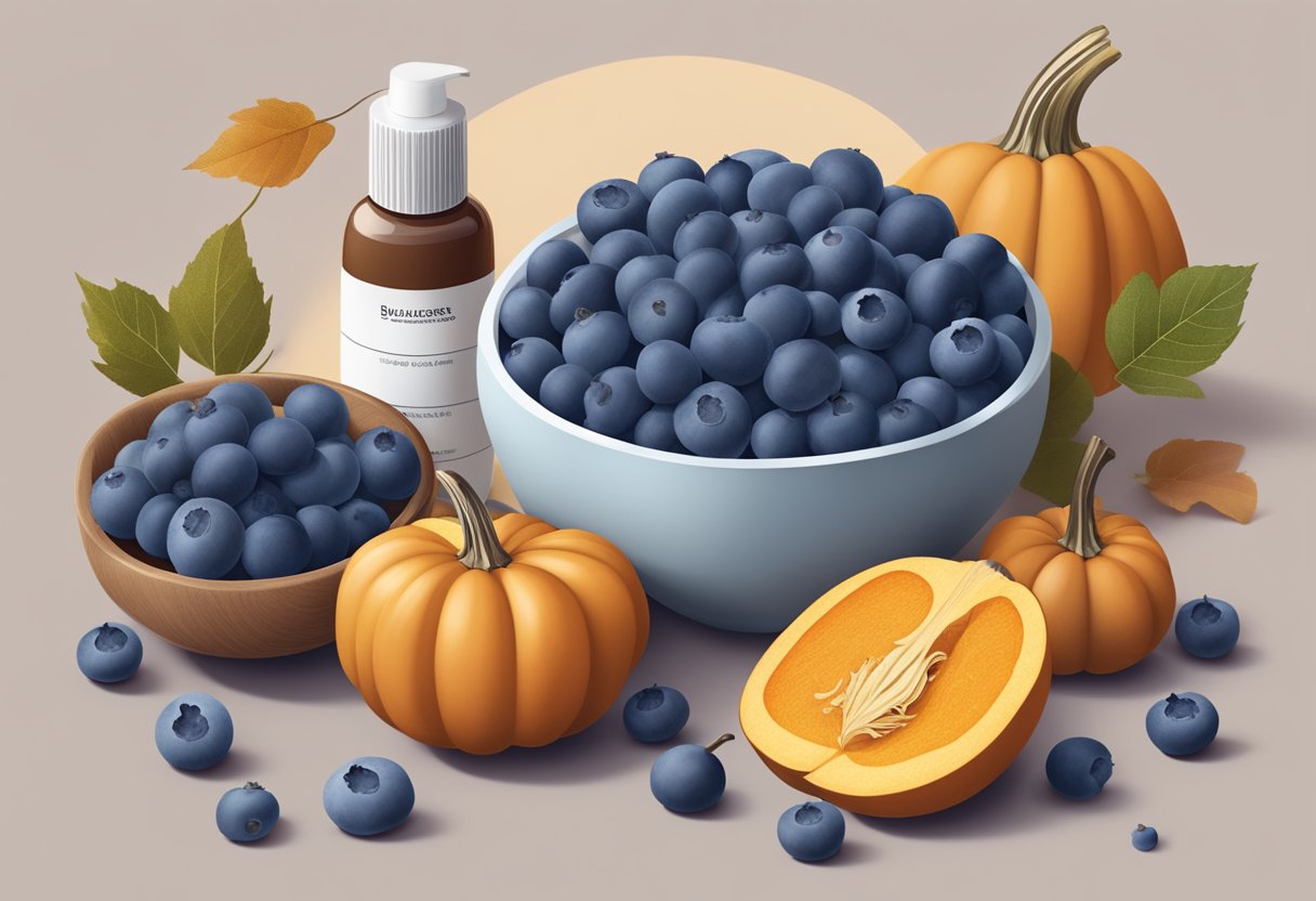 A bowl of blueberries and pumpkin with skincare ingredients scattered around