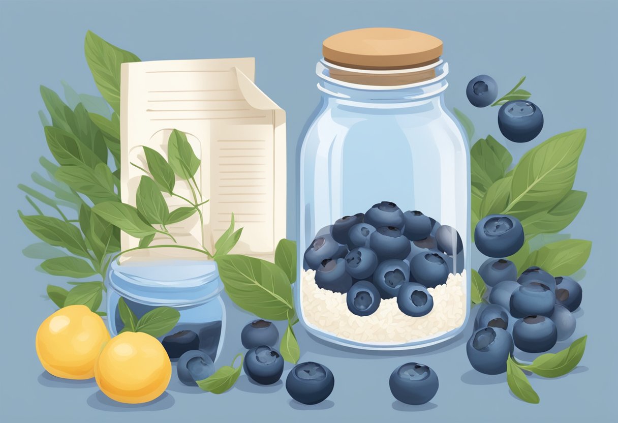A glass jar filled with blueberries and rice water, surrounded by fresh ingredients and a recipe book