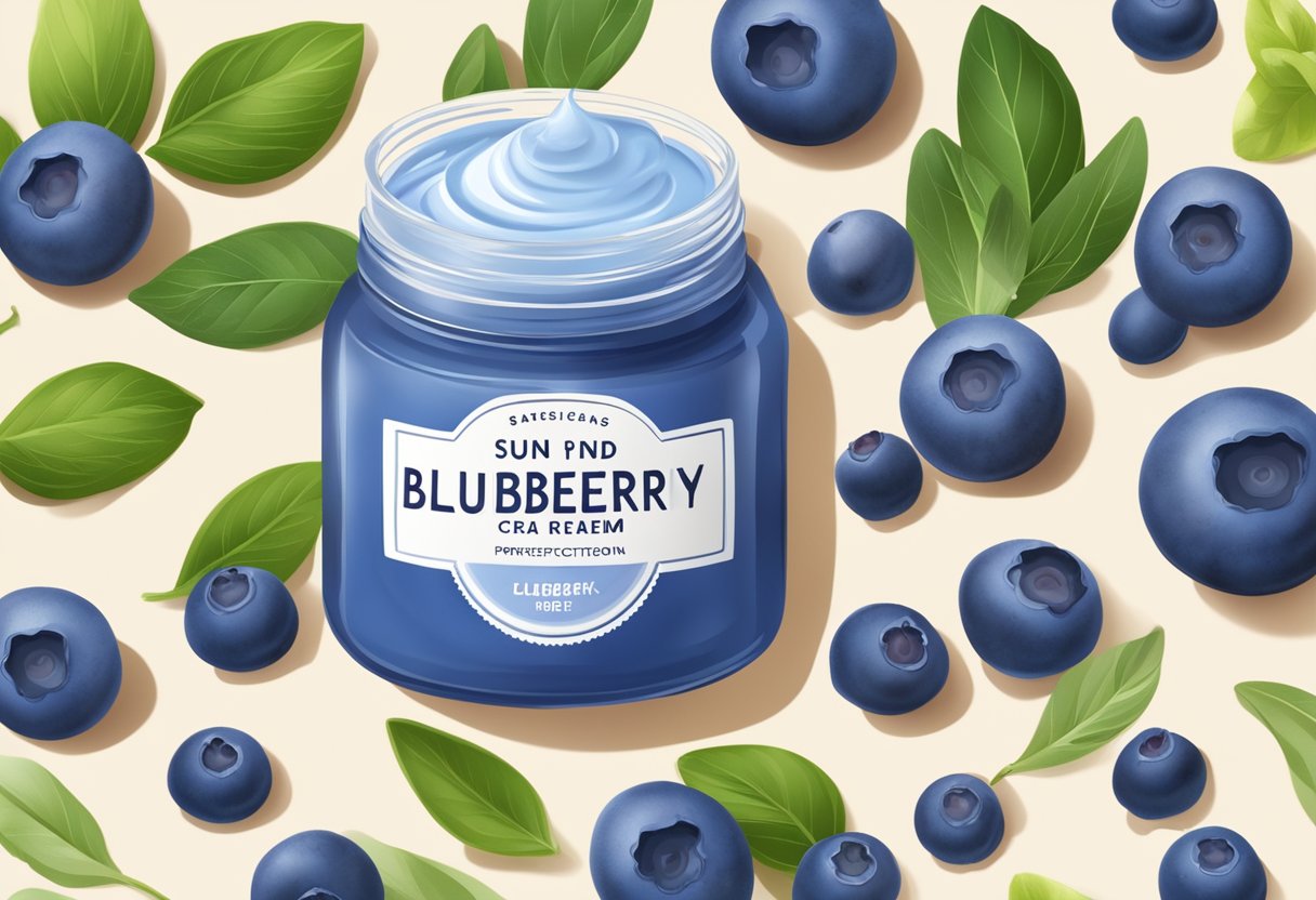 A jar of blueberry and zinc oxide sun protection cream surrounded by fresh blueberries and ingredients for DIY skincare