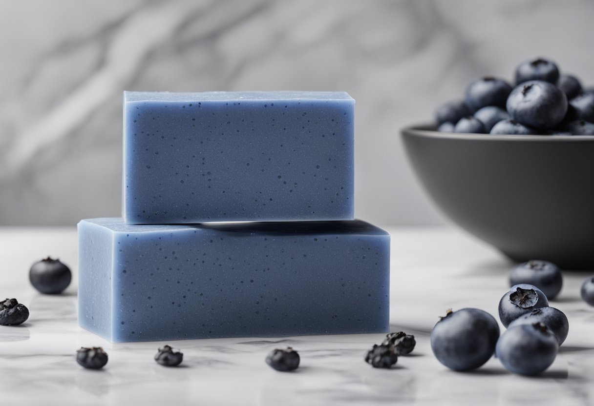A bar of blueberry and charcoal cleansing soap sits on a marble countertop next to a bowl of fresh blueberries and a pile of charcoal powder