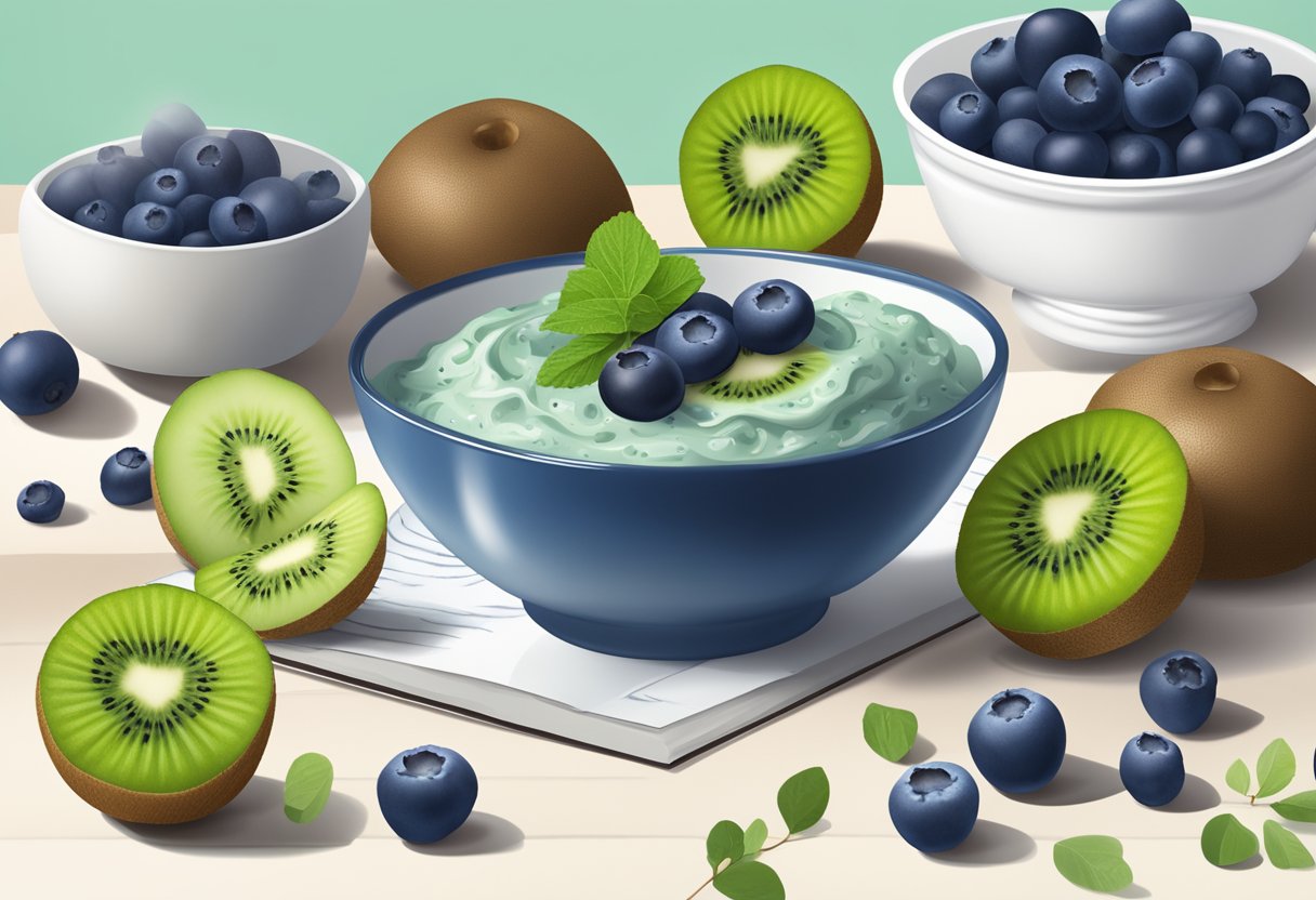 A bowl of mashed blueberries and kiwi, surrounded by fresh fruit and skincare ingredients, with a recipe book open to "Blueberry and Kiwi Cell Renewal Facial."