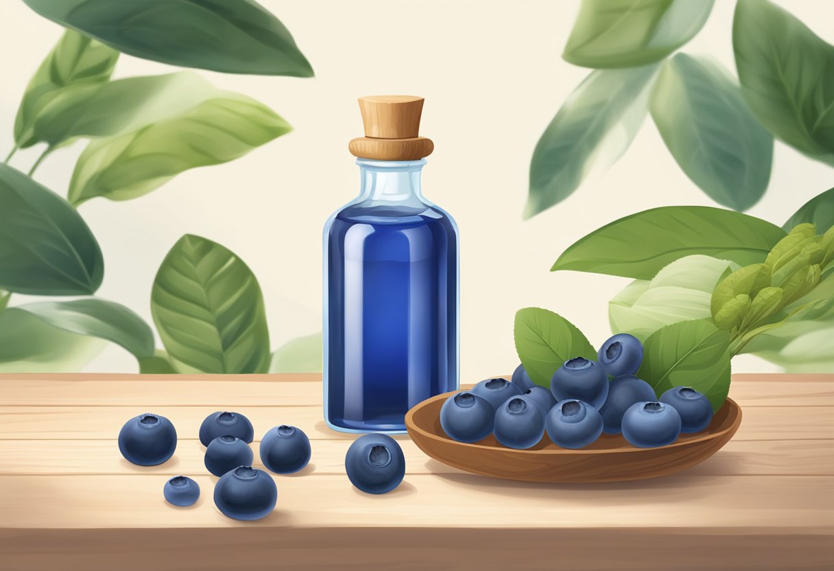 A glass bottle of blueberry and ginger massage oil sits on a wooden table, surrounded by fresh blueberries and ginger root