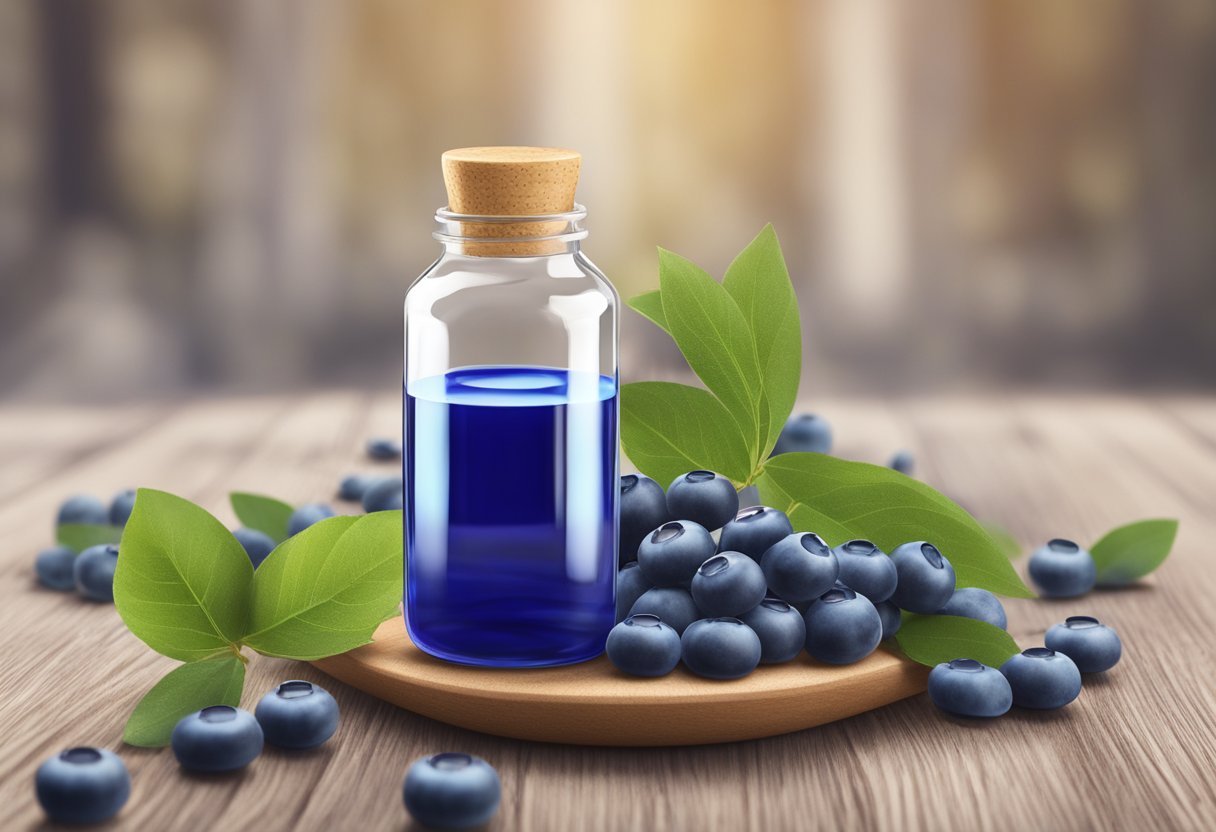 A clear glass bottle with a dropper filled with blue liquid, surrounded by fresh blueberries and vitamin E capsules on a wooden surface